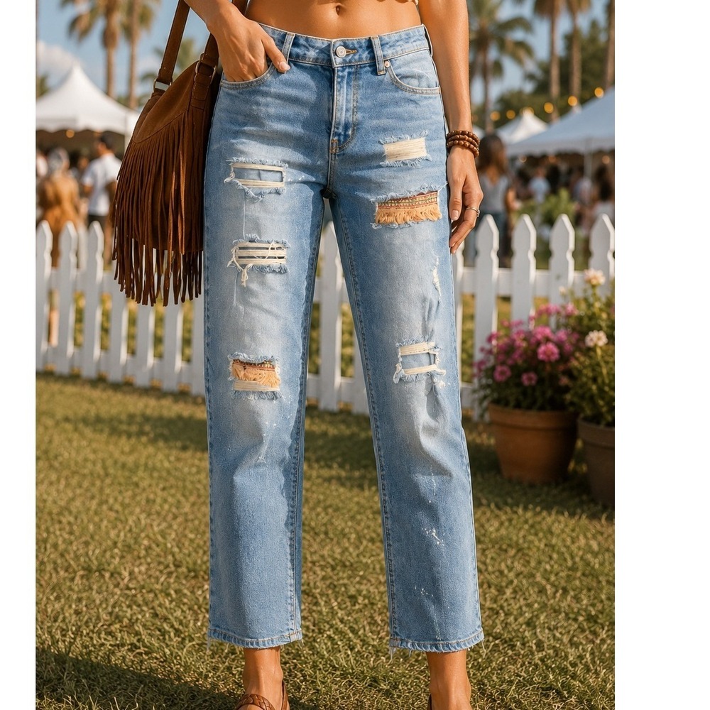 EST. 1946 Denim Womens Low Rise Straight Leg Distressed Boho Fringe Jeans Size 8